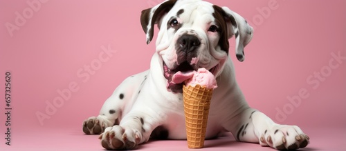 Pet owner indulging adorable young bulldog with ice cream treat With copyspace for text