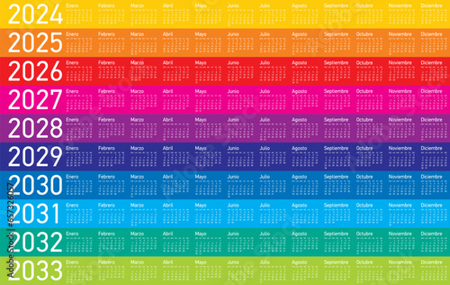 Colorful Calendar for Years 2024 to 2033, in Spanish