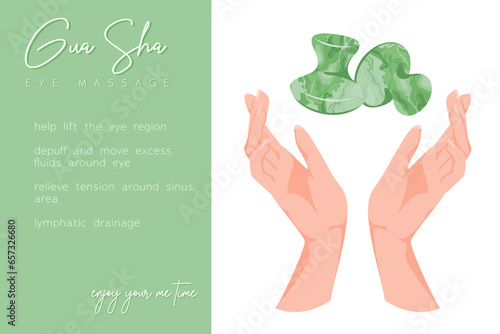 Infographic of gua sha facial yoga eye massage. Direction for jade roller. Acupuncture anti-aging traditional chinese medicine self care method with yade stone for beauty, web, blog, social media.