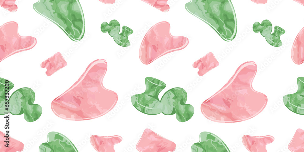 Seamless pattern with Rose Quartz Gua Sha and Jade Scraping Massage tool. Natural pink scraper and green stone roller in different shapes. Skin care presentation for beauty, web, blog, social media. - obrazy, fototapety, plakaty 