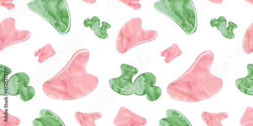 Seamless pattern with Rose Quartz Gua Sha and Jade Scraping Massage tool. Natural pink scraper and green stone roller in different shapes. Skin care presentation for beauty, web, blog, social media.