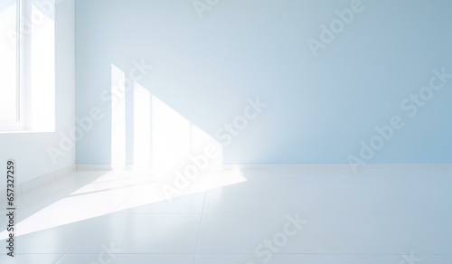 white wall on the floor in an empty room. in the style of light sky-blue and light gray, subtle tonal range. Shadow and light from windows on wall. background for product presentation. generative AI