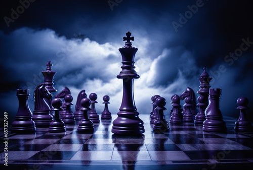 a chess pieces on the chess board in the style of dark sky-blue and dark purple.