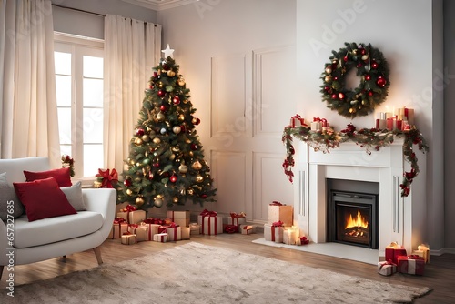 a living room decorated for christmas with a christmas tree and a fireplace

 photo