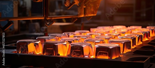 Observation of copper casting in the smelting process of an industrial plant where heat is applied to ore for base metal extraction With copyspace for text photo