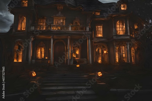 a creepy house with a full moon in the sky  