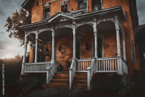 a creepy looking house with a ghost on the porch