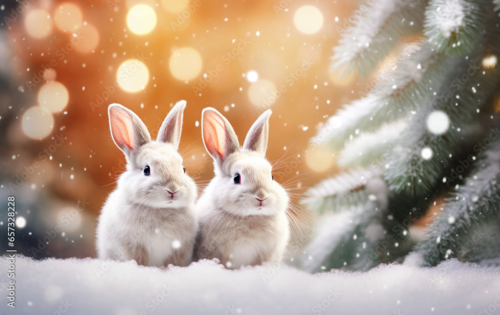 Fototapeta premium Two Bunnies on Snowy Christmas Nature Background