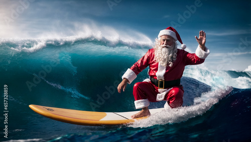 melting glaciers, climate change, santa claus surfs a wave, north pole, generative ai.