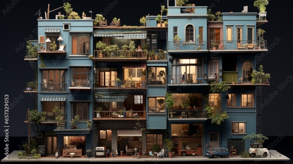 a miniature apartment building with tiny balconies, windows, and individual living spaces. Decorate each apartment with unique details.