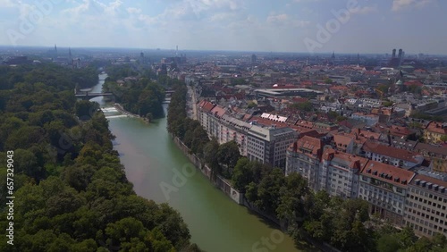 Magic aerial top view flight drone river isar City town Munich