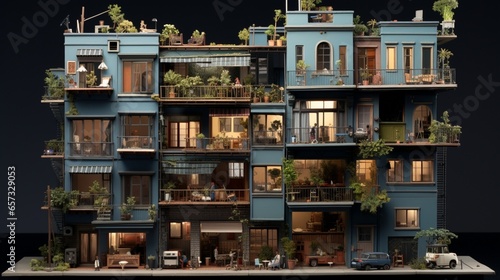 a miniature apartment building with tiny balconies, windows, and individual living spaces. Decorate each apartment with unique details. © M Arif