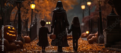 Children accompanied by their mother going trick or treating With copyspace for text photo