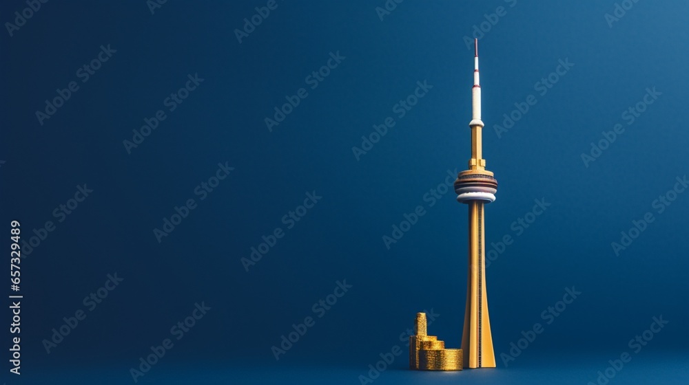 a miniature CN Tower infront of isolated Navy blue and gold contrast on left side with copy space. - obrazy, fototapety, plakaty 