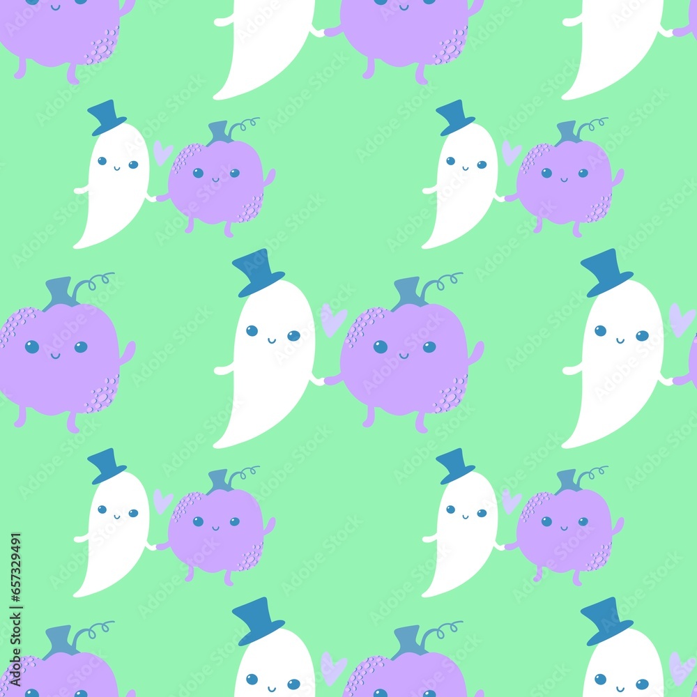 Cartoon kawaii Halloween seamless pumpkins and ghost pattern for wrapping paper and fabrics and linens and kids