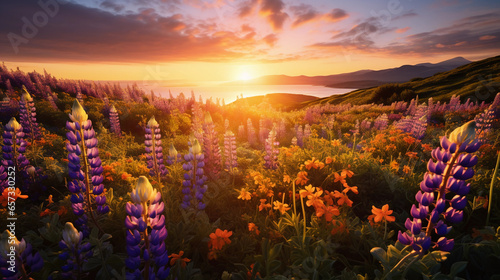 meadow, a sea of purple lupines and golden California poppies, sunset lighting, soft focus
