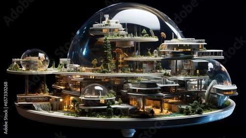 a miniature futuristic space colony habitat with domes, solar panels, and living quarters. Incorporate advanced technology details.