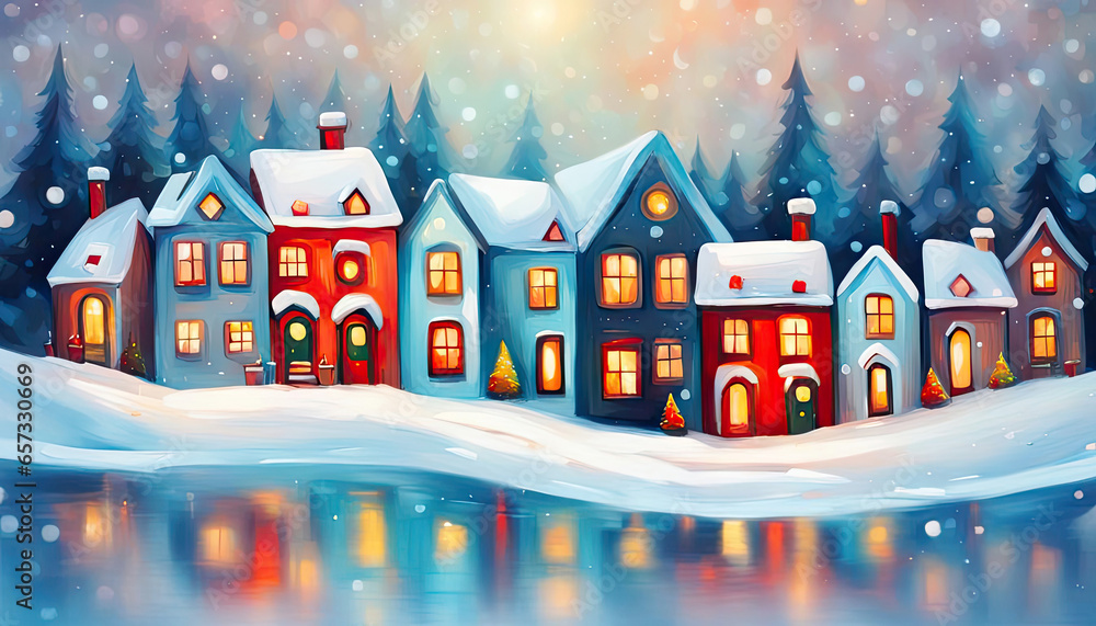 Beautiful winter scene with houses and snowy landscape digital painting
