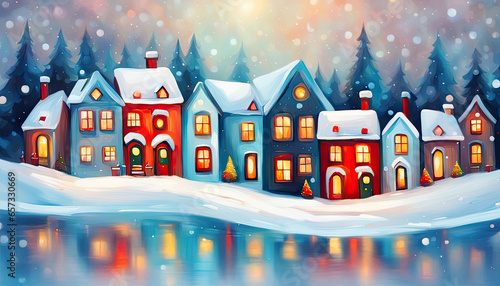 Beautiful winter scene with houses and snowy landscape digital painting © cobaltstock