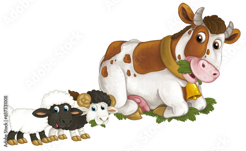 cartoon scene with happy farm animal cow looking and smiling and two sheep friends isolated illustration for children