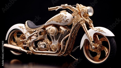 a miniature luxury motorcycle with chrome details, a leather seat, and intricate engine components.