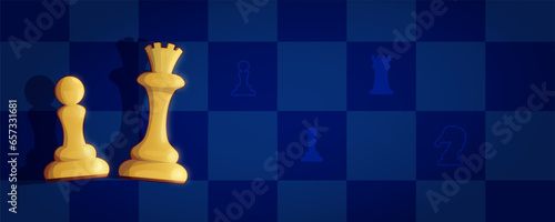 Chess banner with pieces, white pawn and queen. Background chess playing field, icons of figures. Rectangular web banner, online chess. Colorful chess pieces in cartoon style. Vector illustration.