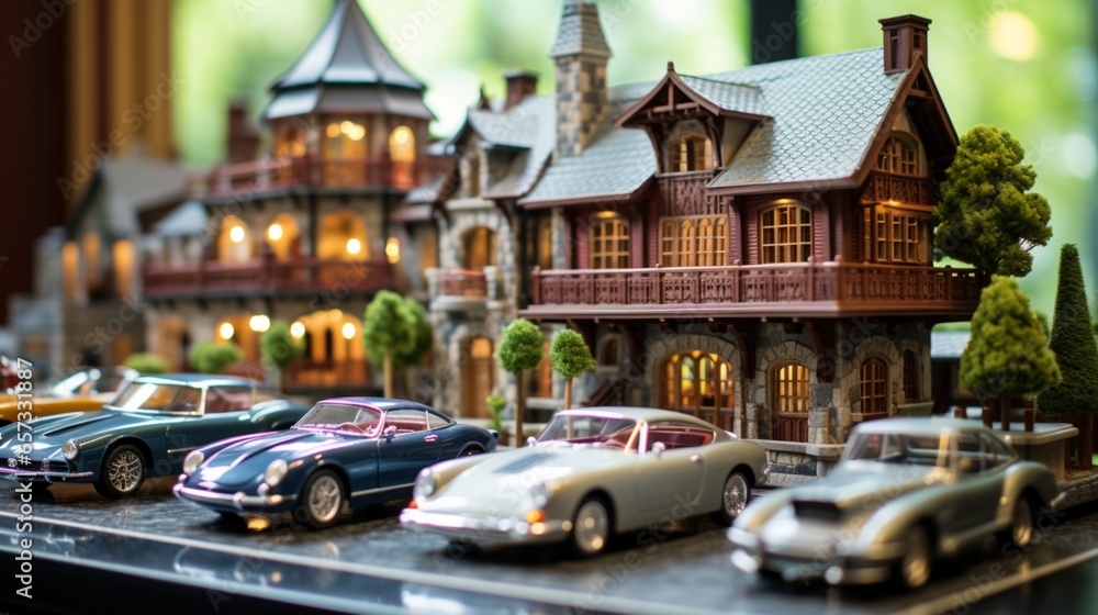 a miniature mansion garage filled with luxurious cars like sports cars, limousines, and classic cars. Pay attention to details like shiny finishes and tiny logos.