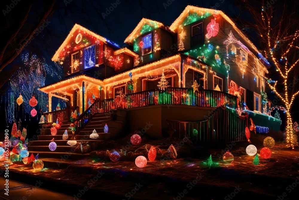 colorful Christmas lights and decorations on a house