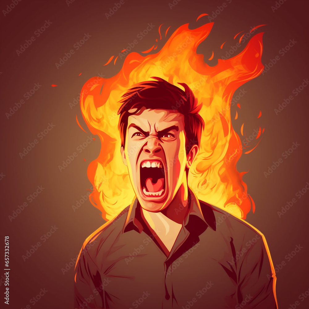 Angry cartoon-style man face anime person art  SCREAMING looks frustrated with overwhelmed of intense emotion.