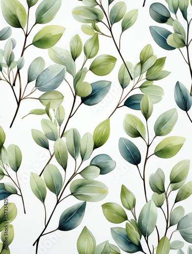 Seamless watercolor floral pattern - green leaves and branches composition on white background, perfect for wrappers, wallpapers, postcards, greeting cards, wedding invitations, romantic events