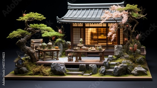 a serene Japanese tea house with tatami mats, sliding doors, and a beautiful garden. Add tiny tea sets and bonsai trees for authenticity.