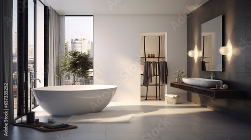 Modern Bathroom with White Freestanding Tub 