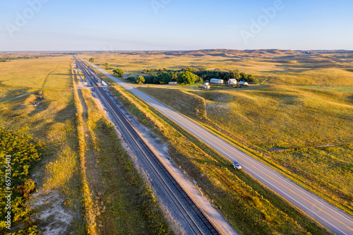 highway and railroad across Nebraska Sandhills along the Middle Loup River, aerial view