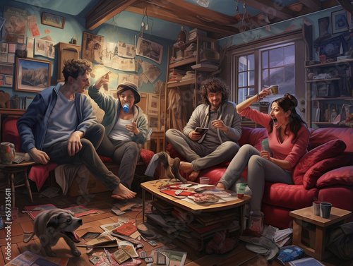 A Surreal Illustration of Friends Playing Charades in the Living Room