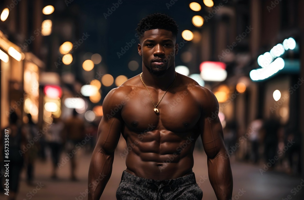 Fashion photography, handsome shirtless muscular african american model posing in the street, fitness and lifestyle concept