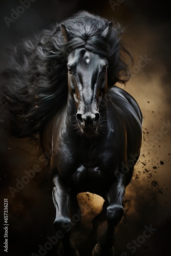 Galloping black horse on dark background