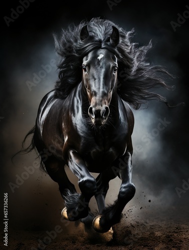 Galloping black horse on dark background © Kay