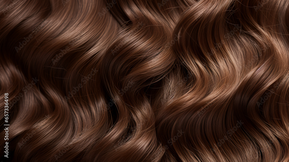 A closeup view of a bunch of shiny curls brown hair. AI Generative. - obrazy, fototapety, plakaty 
