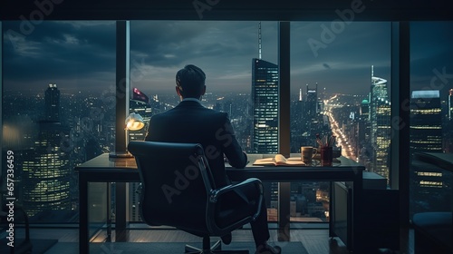 Businessman sit on the chair look out window on office. AI generated image photo