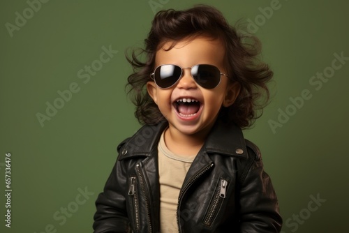 Young boy sporting a leather biker jacket and sunglasses, flashing a confident smile, captured against a green backdrop in a studio setting