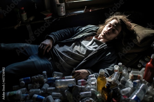 Man collapsed on a sofa, overwhelmed by numerous prescription pill bottles, highlighting the opioid crisis