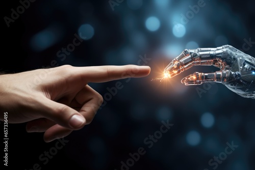 Close-up depiction of a human's hand reaching out to touch a robot's hand, representing the intersection of humanity and artificial intelligence