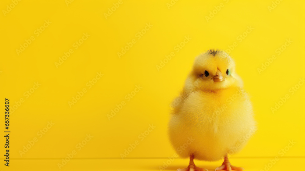 Single Small Chicken on Yellow Background