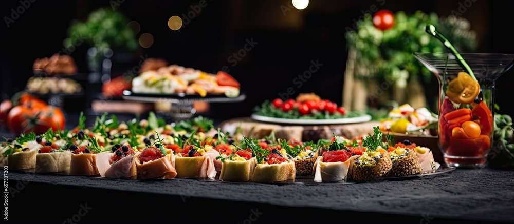Elegantly adorned catering table with a variety of snacks sandwiches caviar and fresh fruits at a corporate birthday or wedding celebration With copyspace for text