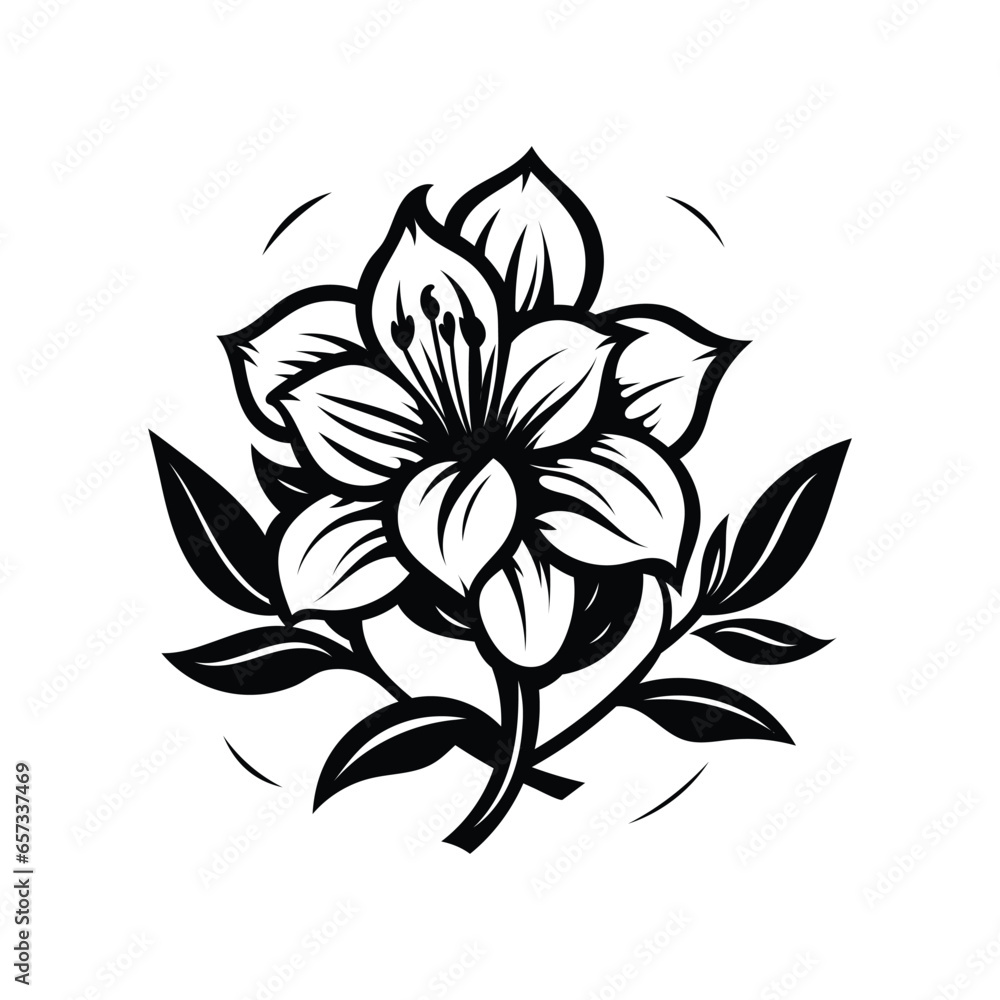 Azalea flower with leaf, black and white clipart Azalea flower with leaf, black and white clipart