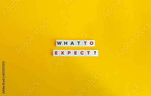 What to Expect Question, Banner, and Concept Image. Block Letter Tiles on Yellow Background. Minimal Aesthetic.