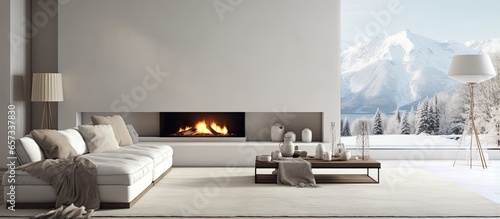 Stylish villa living space with fireplace two sofas carpet and panoramic view With copyspace for text