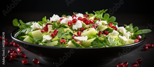 Pomegranate cucumber and feta in a fresh green salad With copyspace for text