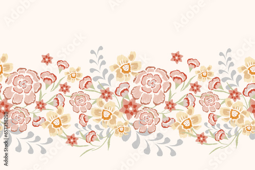 Floral Ikat pattern seamless paisley embroidery with wild rose flower motifs. Ethnic pattern oriental traditional Aztec African style. vector illustration design. flower frame border background.