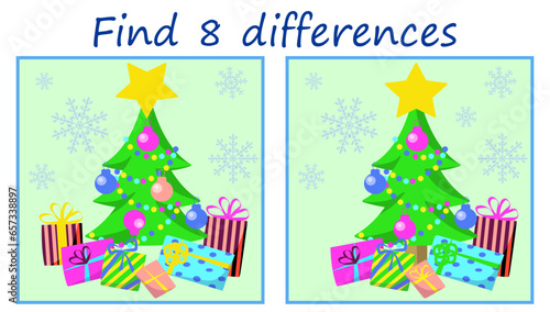 Logic puzzle game. Find 8 differences in the picture Christmas tree with gifts. Vector illustration for children's development. Activity book.
